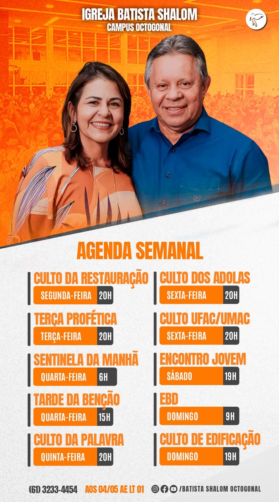 Imagem com horários e atividades da programação semanal da Igreja Batista Shalom